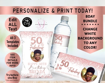 Any AGE and Fabulous Rose Gold Glitter BIRTHDAY BUNDLE, Hershey Candy Wrapper, Chip Bag Wrapper, Water Bottle Label, favors, woman, Y30