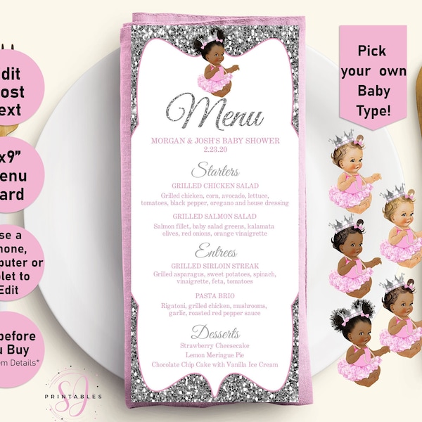 Baby shower menu, Princess Baby Shower Menu, Silver Glitter Menu, Printable Menu template, baby shower menu cards, Pink, Girl, Puffs, A03