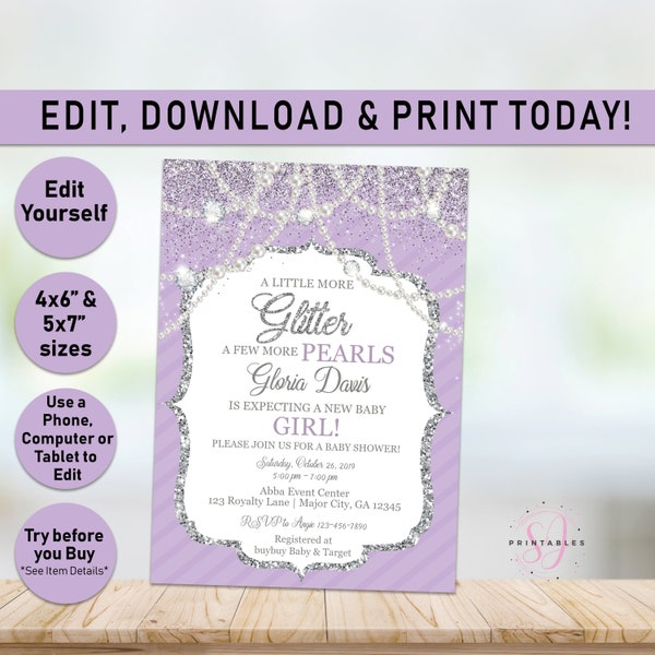 Glitter and Pearls Baby Shower Invitation, Glitter and Pearls Baby Shower invite, Princess Baby Shower, Lavender, Lilac, Girl, Silver A08