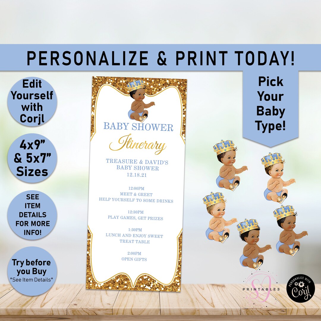 Boy Baby Shower Itinerary, Light Blue Gold Prince Shower Itinerary