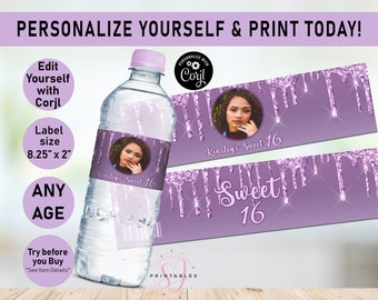 ANY AGE Lavender Drip Glitter Birthday EDITABLE water bottle labels,Drip Birthday,Sweet Sixteen,16,Dripping, Girl, purple,Water Wrapper, T16