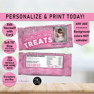 Rice Krispies TREAT labels, Shimmery Silver Glitter and Pink ANY AGE Birthday Rice Krispie Treats wrapper, Sparkle, Glam, Teen, Adult, Y21