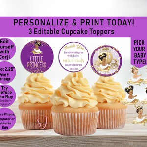 Purple Gold Princess Carriage Cupcake Toppers: Royal Baby Shower (Editable)