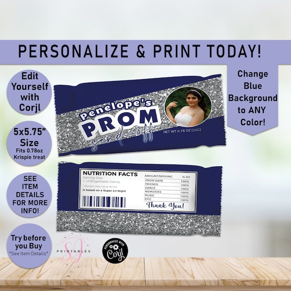 SILVER Glitter and ANY Color Printable Photo Prom Send off Rice Krispie Treats, Rice Krispies, Prom Party, Label, Prom Party send-off, P27