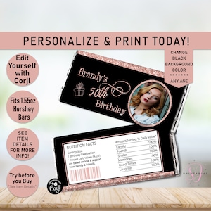 Birthday Rose Gold Glitter and ANY COLOR Hershey Candy Bar Wrappers, Candy  label, Party Favor, Adult Birthday Candy wrapper, Photo, B28