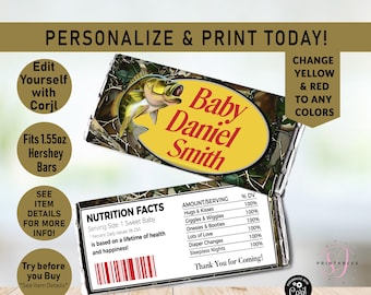 Fishing Baby Shower Candy Bar Wrapper: Camo Hunter Theme (Editable Template) F15