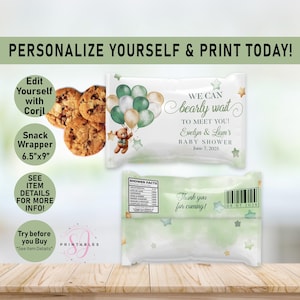 May include: A snack wrapper with the text "WE CAN bearly wait to meet you!" and "Evelyn & Liam's BABY SHOWER June 7, 2025". The wrapper is 6.5" x 9" and features a teddy bear with balloons. The design includes green, white, and gold colors.