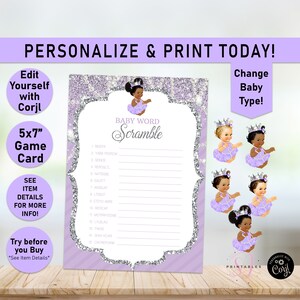 Word scramble Baby Shower Game, Glitter & Pearls Lavender Princess, Word Scramble Card Game, unscramble word, Purple, silver, Girl, A08, A09