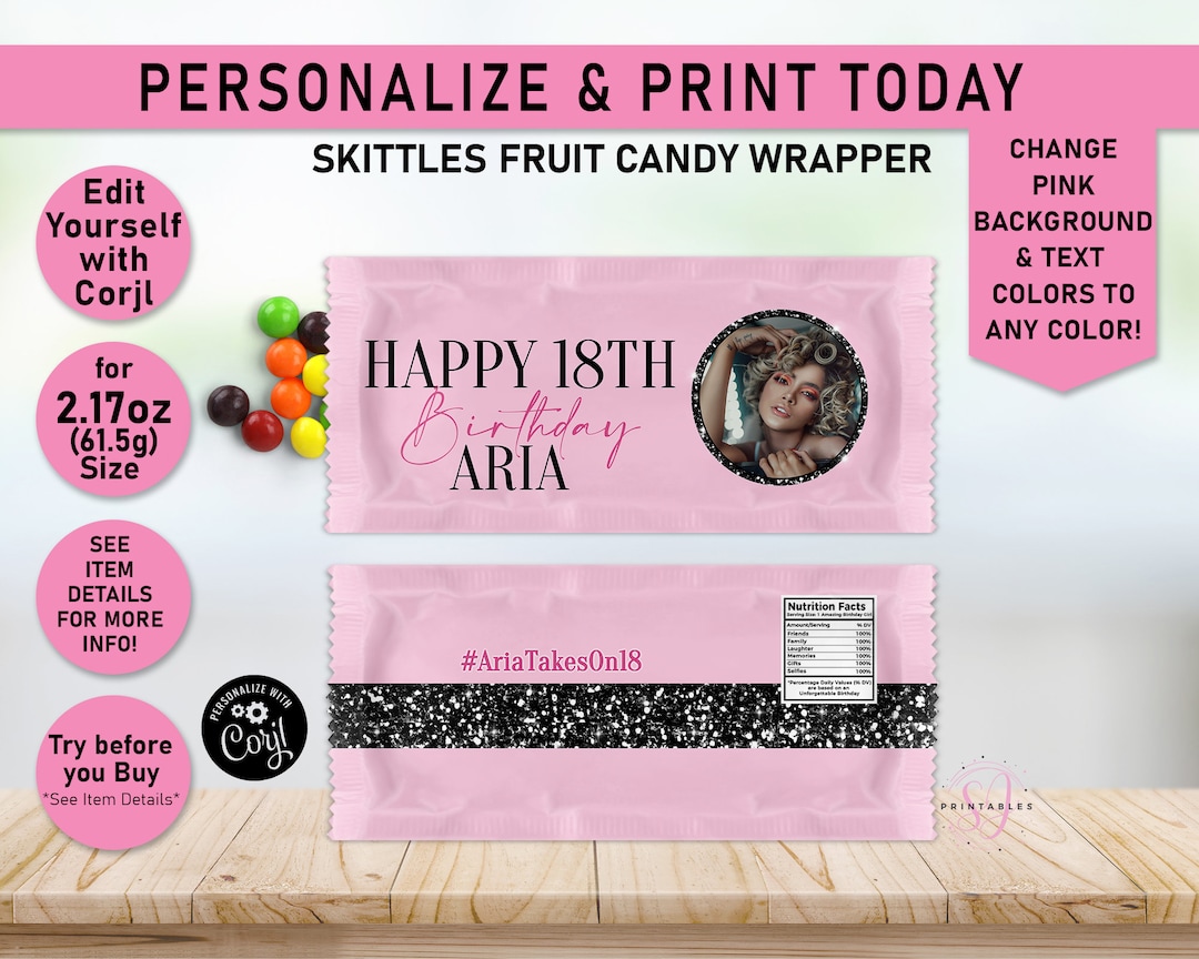 Skittles Candy Wrapper, Black Glitter on ANY COLOR of Your Choice