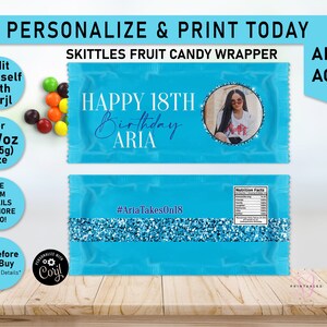 Light Blue on Blue Glitter Skittles Wrapper, Skittles Birthday Candy wrapper, Fruit Candy wrapper, Birthday Party Favors, Printable, B32