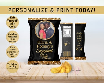Engagement Party Chip Bag, Black and Gold Glitter Engagement Favor Bag, Engagement Favor Printable, Editable Chip Bag, Chip Wrapper, WW5