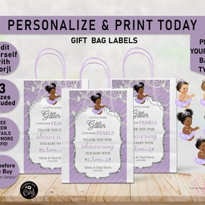Gift Bag Labels, Glitter & Pearls Lavender EDITABLE Baby Shower Labels, Favor Bag label, Goodie bags, Princess, Girl, Purple,  glam,A08, A09