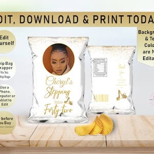 Stepping into White and Gold Birthday Chip Bag Wrapper, Favor Bags, Adult, Birthday, Chip label, Photo Birthday Chip Bag, Printable, Y02