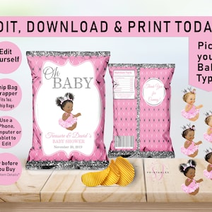 Printable Chip Bags, Princess EDITABLE Chip Bag, Baby Shower, Chip bag Wrapper, Oh Baby, Pink, Silver, Puffs, Girl, African American A03