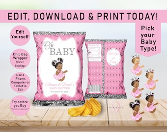 Printable Chip Bags, Princess EDITABLE Chip Bag, Baby Shower, Chip bag Wrapper, Oh Baby, Pink, Silver, Puffs, Girl, African American A03