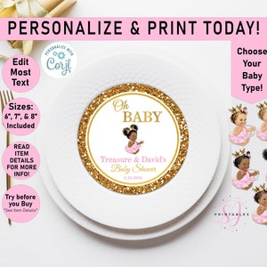 Oh Baby PINK and GOLD Princess Charger Plate Insert, EDITABLE Baby Shower Charger plate, 6", 7", 8" Insert, Girl baby shower, Afro Puff, A01