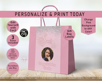 ANY AGE Silver Glitter Birthday EDITABLE Birthday Gift Bag Label, Gift Bag Labels, Favor Bag label, Goodie bags, Sparkle, Teen, Tween, T20