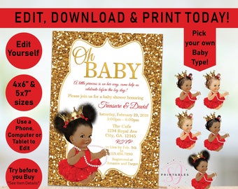 RED and GOLD Oh Baby Invite, Princess Baby Shower Invitation, Little Princess Invitation, Queen Invite, Gold Red, Afro, Girl Printable A04