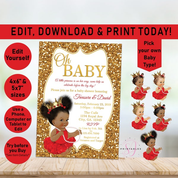 RED and GOLD Oh Baby Invite, Princess Baby Shower Invitation, Little Princess Invitation, Queen Invite, Gold Red, Afro, Girl Printable A04