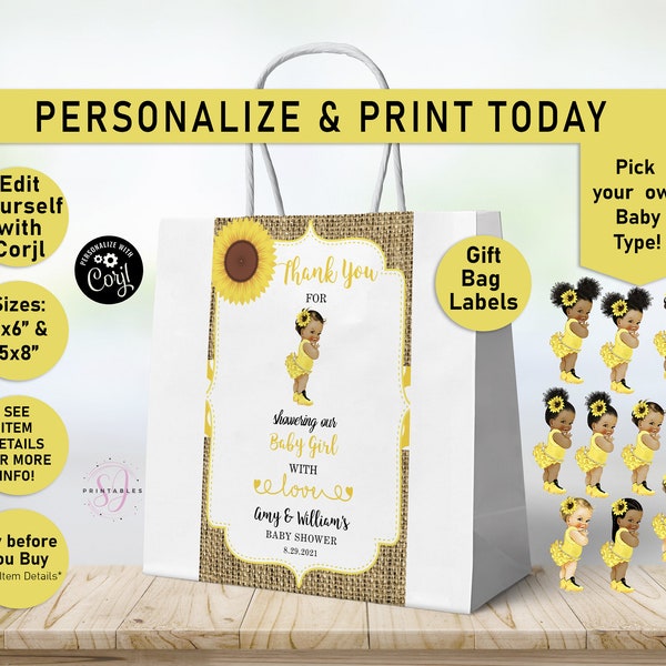 Gift Bag Labels, Little Sunflower EDITABLE Baby Shower Labels, Favor Bag label, Goodie bags, Girl, Sunflower Gift Bag Label, Yellow, E01