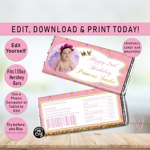 以下が含まれることがあります： ピンクとゴールドのデザインで、王冠と「Happy 2nd Birthday Princess Sasha」の文字が書かれた、印刷可能なキャンディーバーラッパーのテンプレート。テンプレートには、写真と栄養成分表示ラベルのスペースがあります。