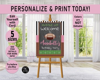 GIRL Pink Football Birthday Welcome Sign, Huddle up Football Sign, Pink, Green Black, Welcome Poster, Girl Birthday sign, Chalkboard, F01