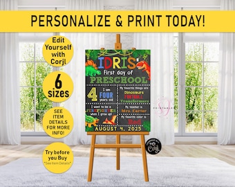 Dinosaur First Day of School Sign: Editable Dino Poster (Digital Download