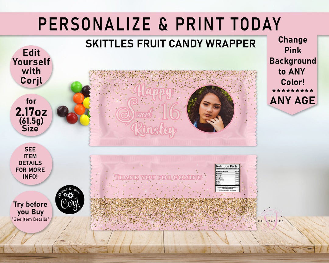 SKITTLES Candy Wrapper, ANY AGE Gold Glitter Birthday Skittles Wrapper