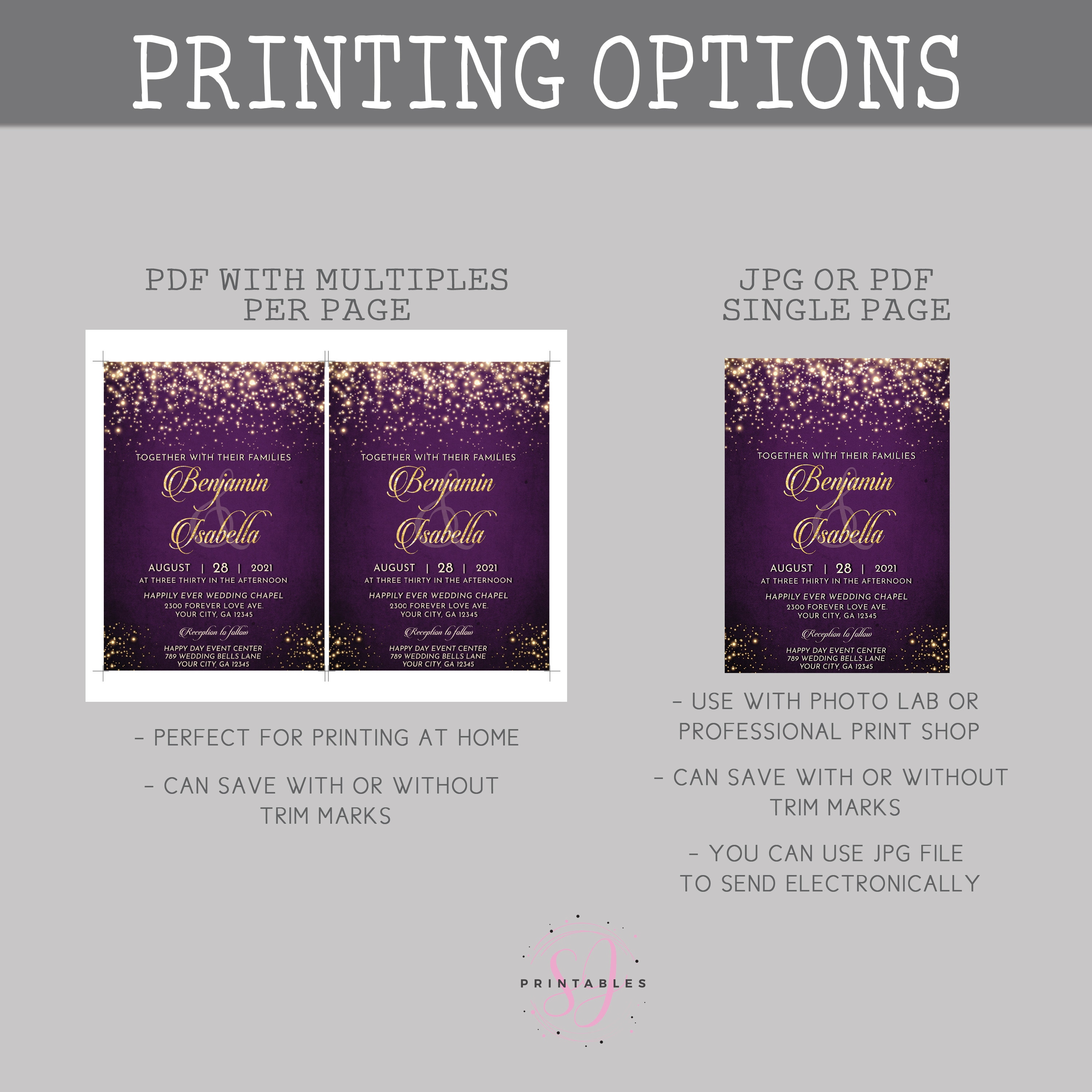 Elegant Gold and Purple Wedding Invitation Printable Wedding - Etsy