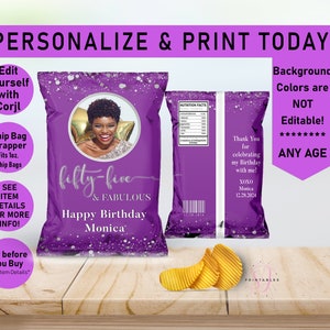 ANY AGE Royal Purple and Silver Confetti Birthday Chip Bag Wrapper, Favor Bags, Birthday party Favor, Editable, Printable Chip Bag, B51