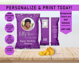 ANY AGE Royal Purple and Silver Confetti Birthday Chip Bag Wrapper, Favor Bags, Birthday party Favor, Editable, Printable Chip Bag, B51