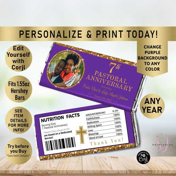 Pastoral Anniversary Chocolate Candy Bar Wrapper Template, Gold Glitter and Any color Candy wrapper, Pastor, First Lady, Church, CC2