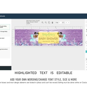 May include: A printable water bottle label template for a baby shower. The label features a purple glitter background with a mermaid tail and a starfish. The text on the label reads "angelina's baby shower August 31, 2023".