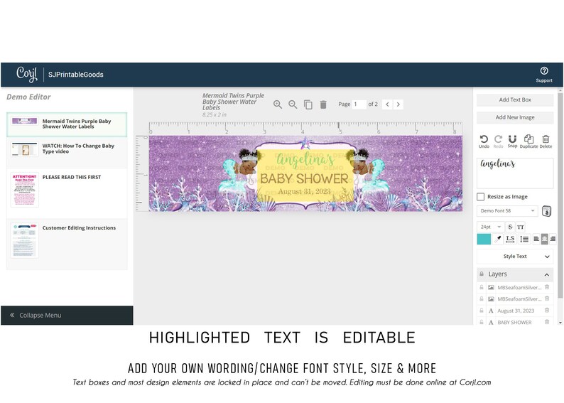 May include: A printable water bottle label template for a baby shower. The label features a purple glitter background with a mermaid tail and a starfish. The text on the label reads "angelina's baby shower August 31, 2023".