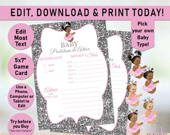 Baby Predictions and Advice Cards, Baby Shower Predictions Game, Baby Shower Advice Cards, Princess Advice, Pink, Silver, Girl, Puffs, A03