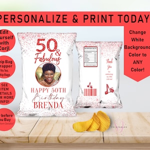 ANY AGE and Fabulous RED Glitter Birthday Chip Bag Wrapper, Favor Bags, Adult, Birthday, Chip label, Photo Chip Bag, Printable, Y32
