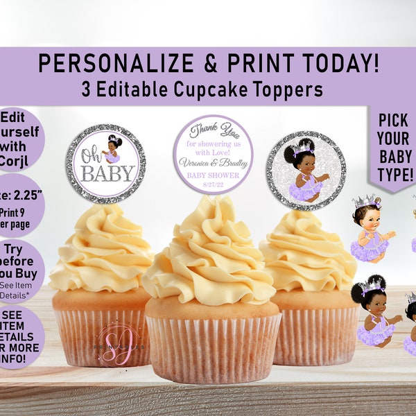 EDITABLE Lavender purple Silver Cupcake Toppers, Princess Cupcake Toppers, Little Baby Shower decor, Afro Puffs, Sticker, Silver Glitter A06