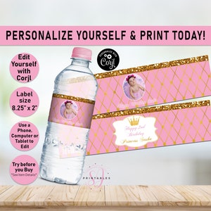 Princess Pink and Gold water bottle labels, water wrappers, Birthday water labels, Princess Bday Party, Birthday Favors, Gold Glitter, P05