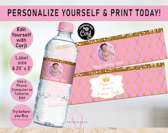 May include: Pink and gold water bottle labels with a crown and the text "Happy 2nd Birthday Princess Sasha". The labels are designed for a 2nd birthday party and feature a photo of a young girl.