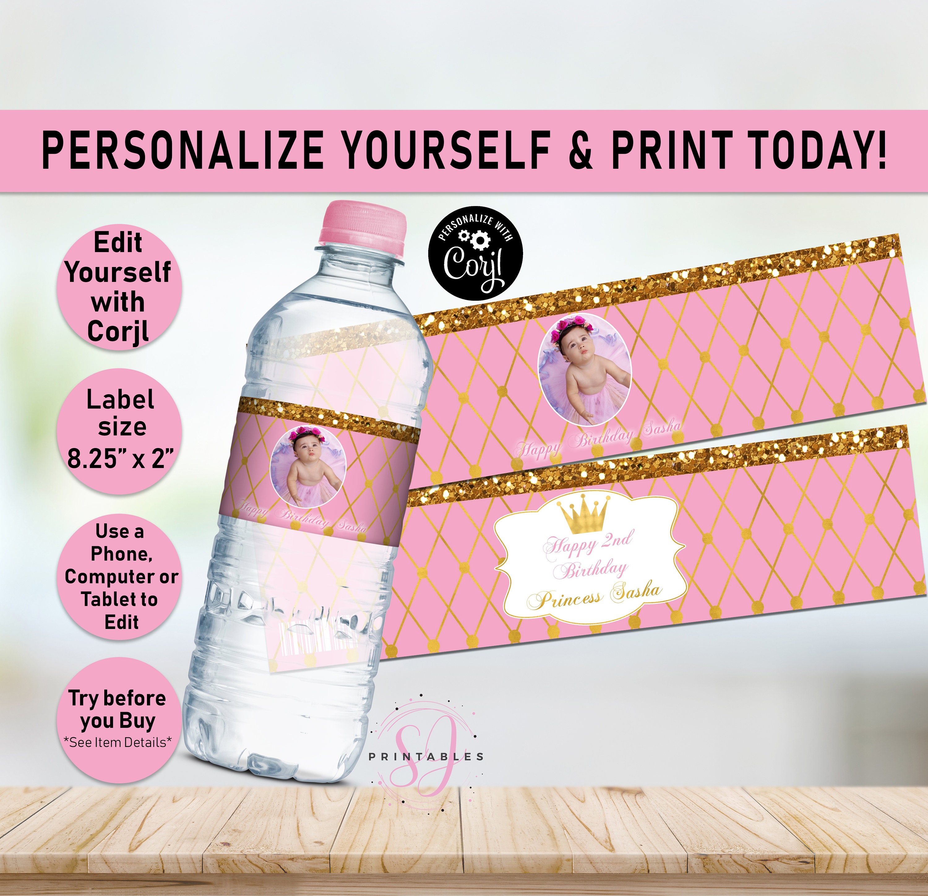 Princess Pink and Gold water bottle labels water wrappers | Etsy