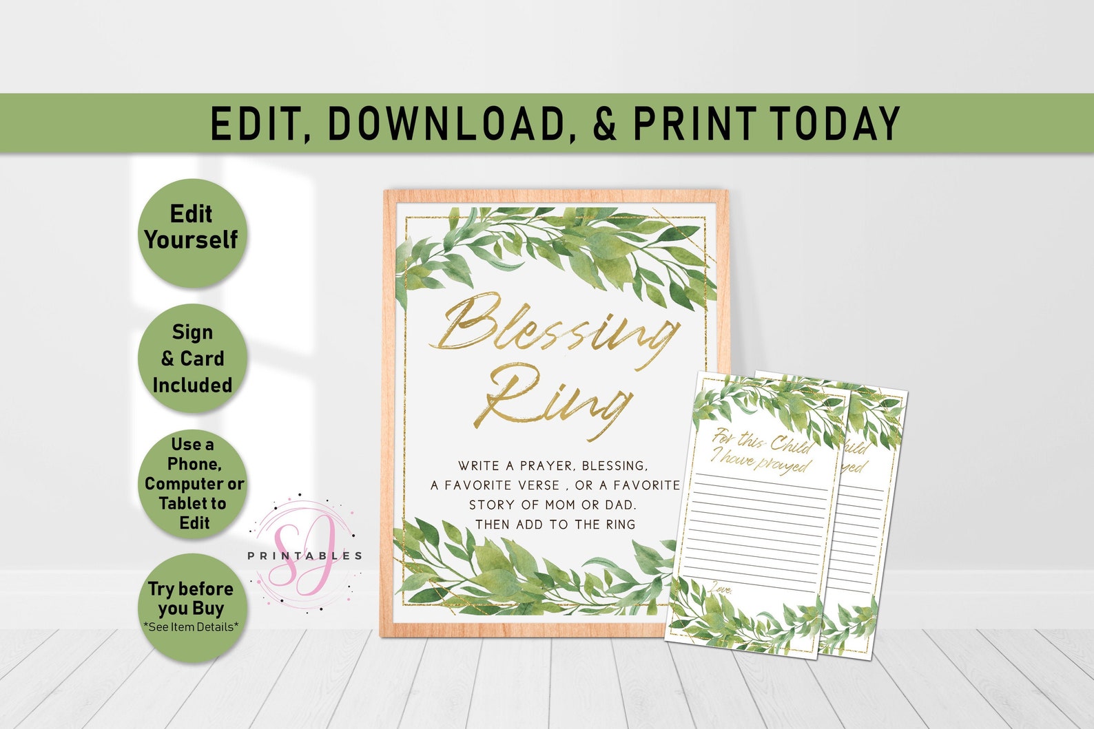 Editable Greenery Gold Baby Shower Blessing Ring Sign Card Etsy