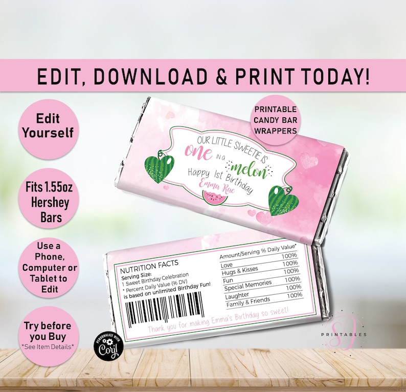 Watermelon Candy Bar WRAPPER Birthday Candy Wrapper One in a Etsy