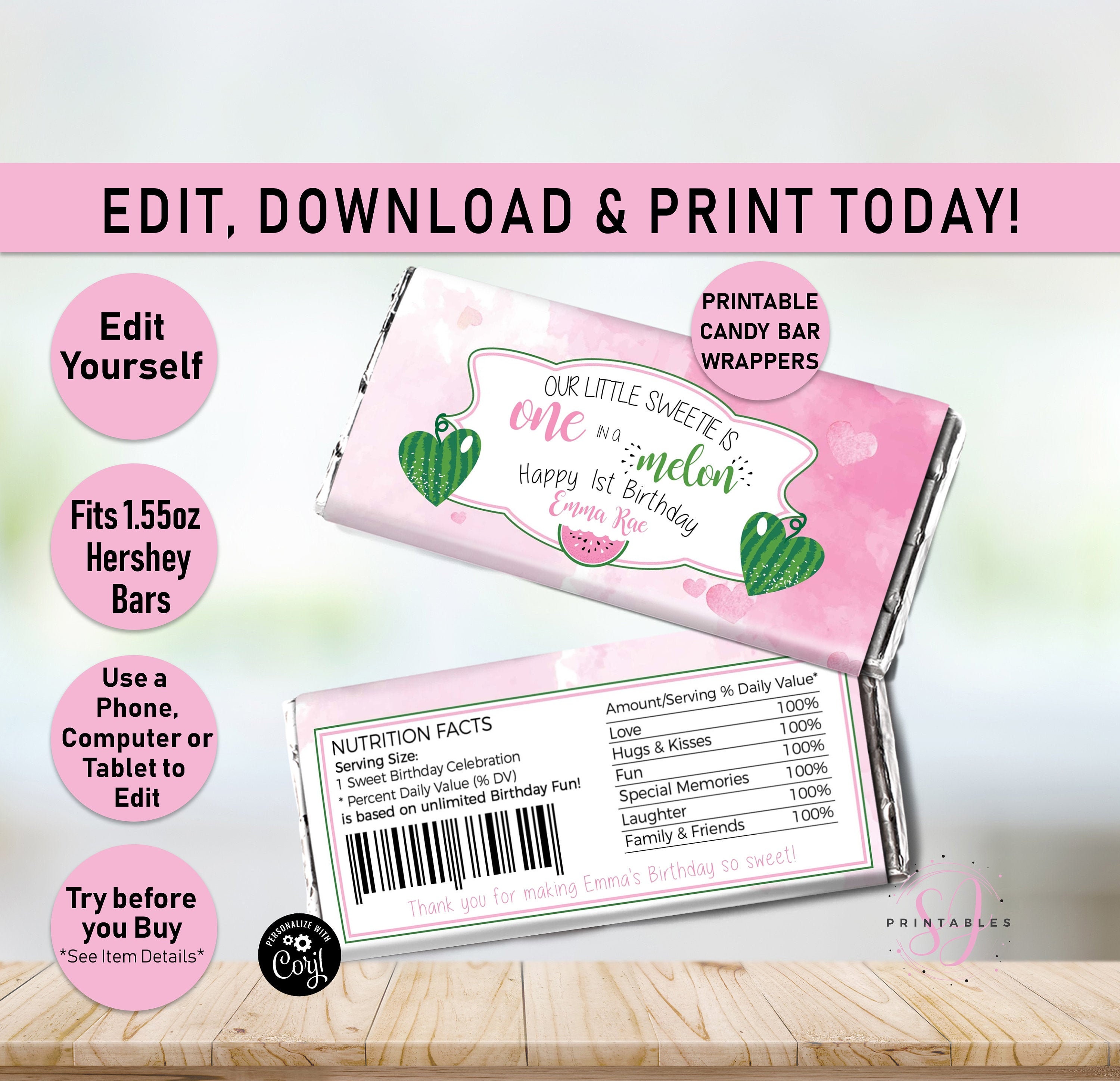 Watermelon Candy Bar WRAPPER Birthday Candy Wrapper One in a Etsy