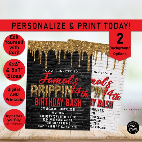 Dripping Gold Brick Teen birthday invitation, dripping, drip, swag, teenager boy birthday, any age, tween, guy, invite,teen bday party, T25