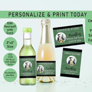 Any COLOR Graduation Mini Wine Bottle Labels, Apple cider labels, Grad party, favors, Wine, Champagne, Change to Your School Colors G39