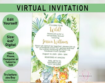 Virtual Jungle Baby Animals Shower Invitation, Electronic Jungle Baby Shower, Safari Shower by Mail Invite, Lion, Text Message, Evite, L05