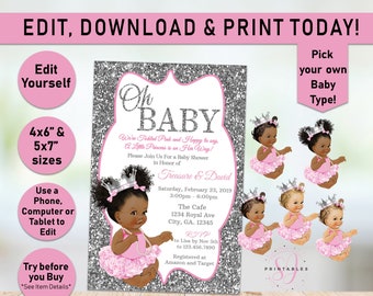 Princess Oh Baby Invite Pink Baby Shower Invitation, Little Princess Invitation, Queen Invite, Silver Glitter, Afro, Girl, Printable A03