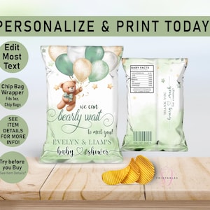 May include: A personalized chip bag wrapper with a baby shower theme. The design features a teddy bear holding balloons, the text "we can bearly wait to meet you!" and the names Evelyn & Liam. The wrapper fits 1 oz chip bags.