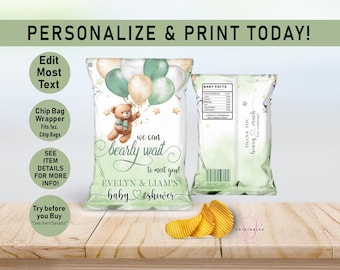 We Can Bearly Wait baby shower EDITABLE Chip Bag, Teddy Bear Balloons Baby Shower, Sage Green Gold, Printable, favor, Chip bag Wrapper, A50