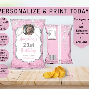 Glitter & Pearls Pink ANY AGE Birthday chip bag, Birthday Chip Bag Wrapper, Favor Bags, Photo Chip Bag, Adult, Woman, Glam, Bling, A30